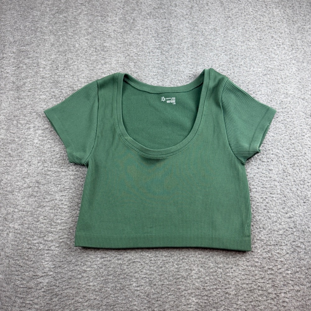 OFFLINE by Aerie Ribbed Crop Top‎ Women's Large Green Seamless Scoop Neck Tee